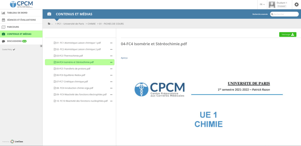 Le CPCM utilise une plateforme de cours en ligne mise à disposition des étudiants en prépa médecine pour l'Université de Paris (Paris Cité)
