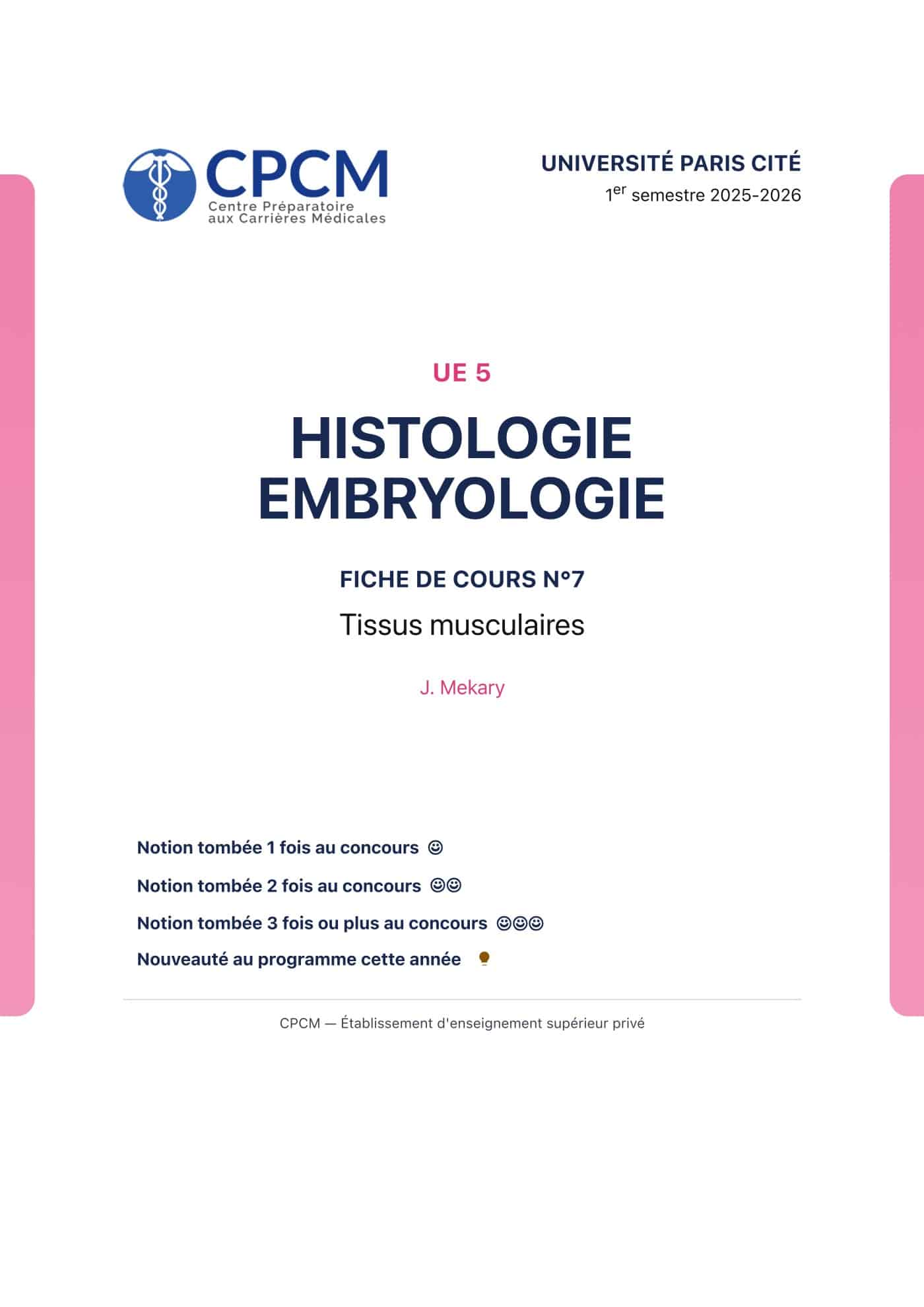 Fiche de cours CPCM sur les tissus musculaires, page 1